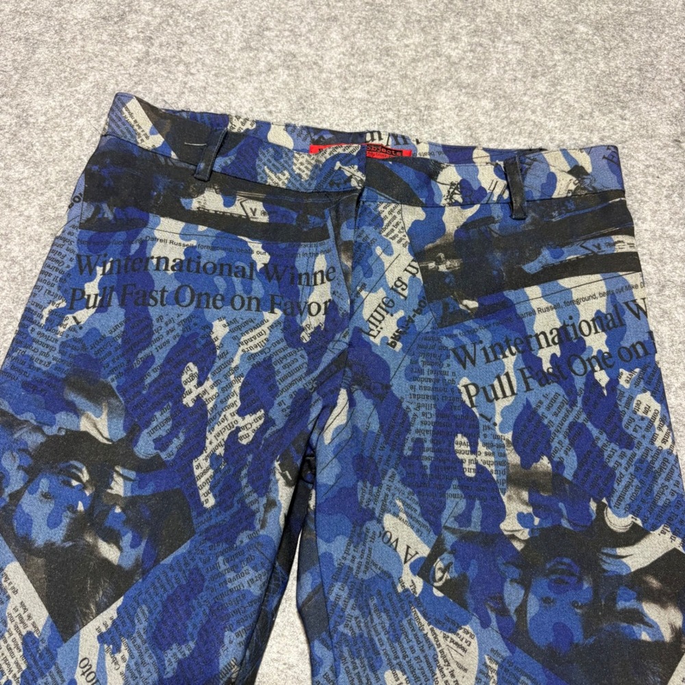 Necessary Objects Blue Camo Newspaper Print Flare Pants Vintage Y2K Streetwear